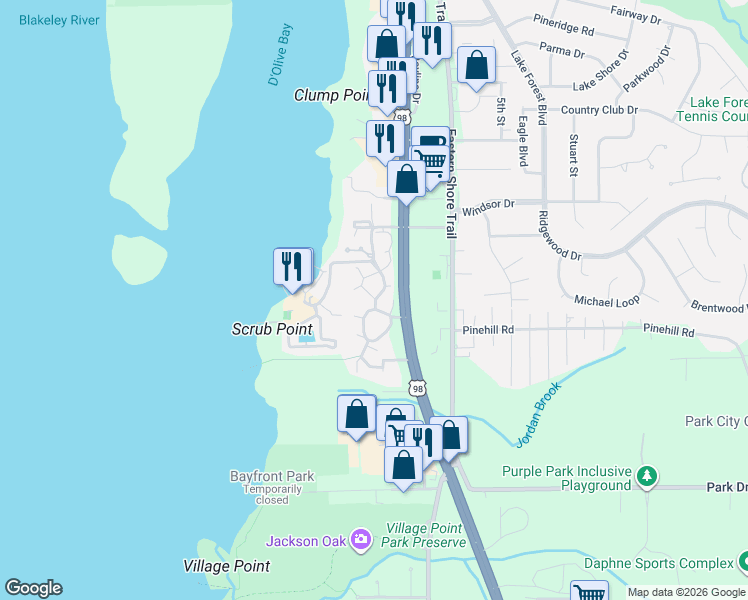 map of restaurants, bars, coffee shops, grocery stores, and more near 2054 Sea Cliff Drive North in Daphne