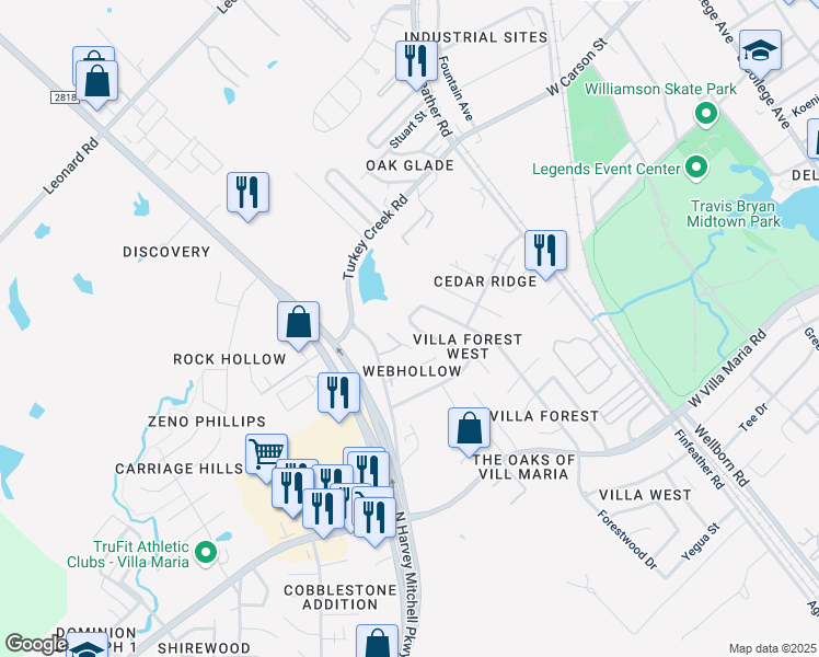 map of restaurants, bars, coffee shops, grocery stores, and more near 2814 Forest Bend Drive in Bryan