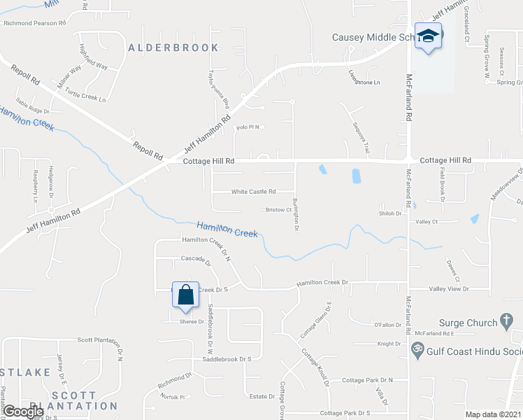 map of restaurants, bars, coffee shops, grocery stores, and more near 9600 Bristow Court in Mobile