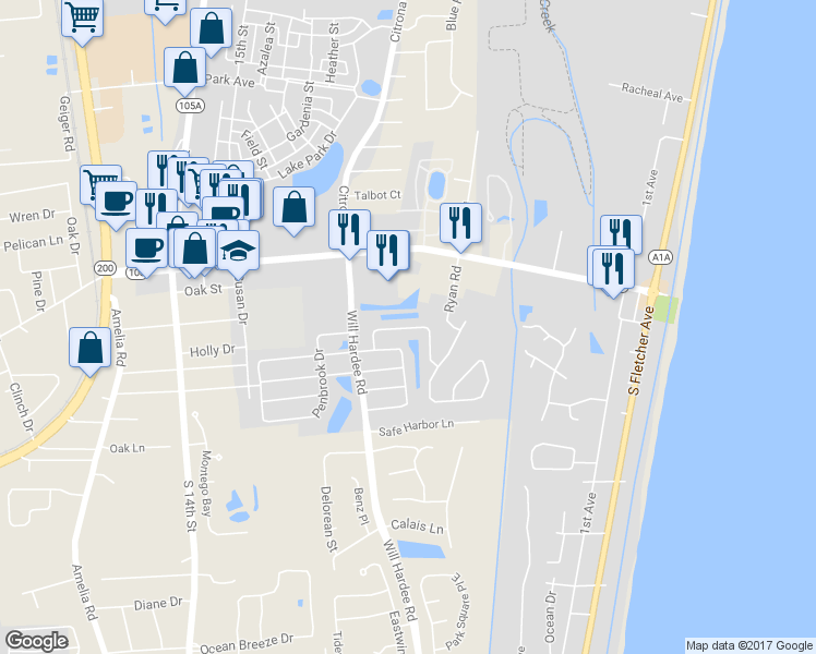 map of restaurants, bars, coffee shops, grocery stores, and more near 2219 Captain Kidd Drive in Fernandina Beach