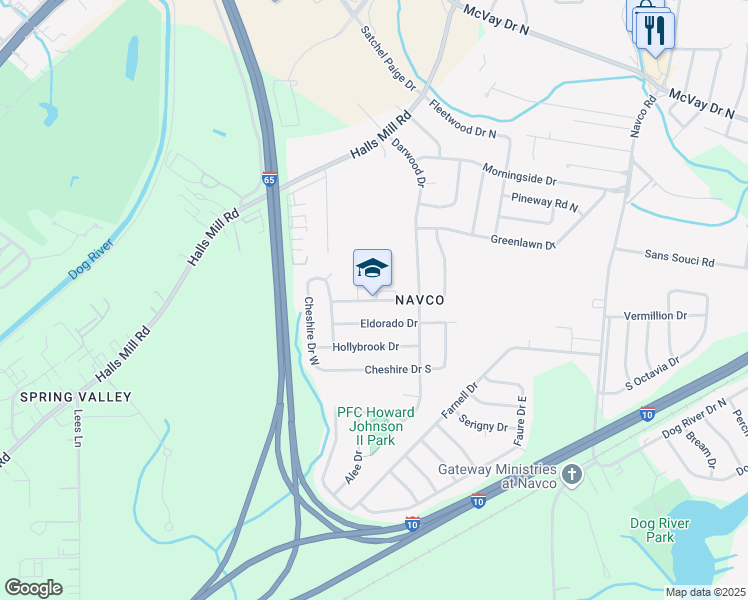 map of restaurants, bars, coffee shops, grocery stores, and more near 2700 Greenbrier Drive South in Mobile