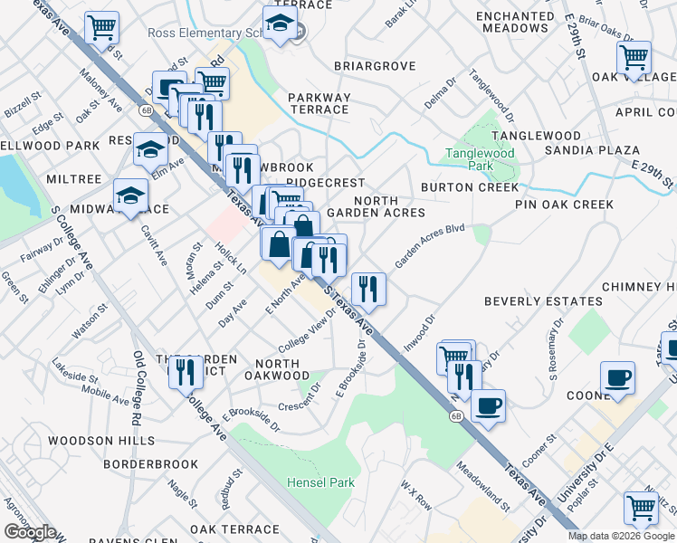 map of restaurants, bars, coffee shops, grocery stores, and more near 708 Enfield Street in Bryan