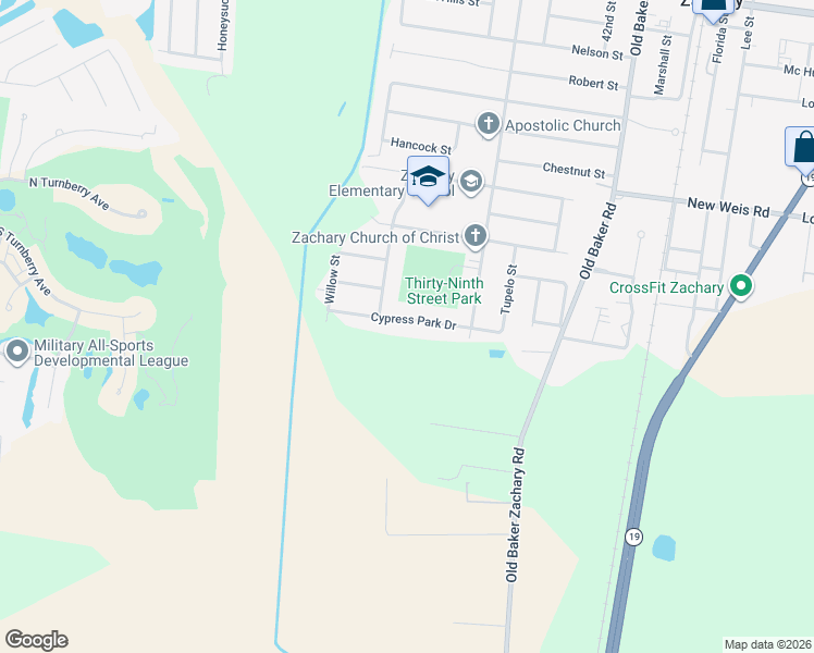 map of restaurants, bars, coffee shops, grocery stores, and more near 3664 Cypress Park Drive in Zachary