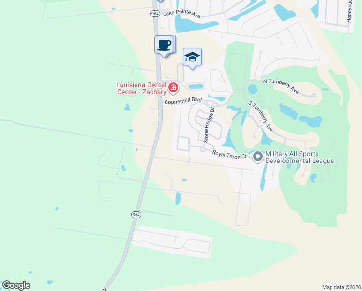 map of restaurants, bars, coffee shops, grocery stores, and more near 2922 Meadow Grove Avenue in Zachary