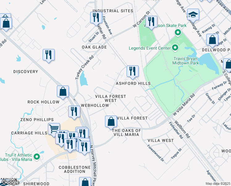 map of restaurants, bars, coffee shops, grocery stores, and more near 2905 Forestwood Drive in Bryan