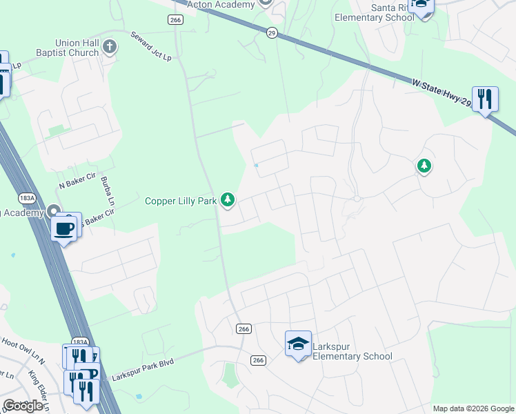 map of restaurants, bars, coffee shops, grocery stores, and more near 212 Blue Hibiscus Drive in Liberty Hill