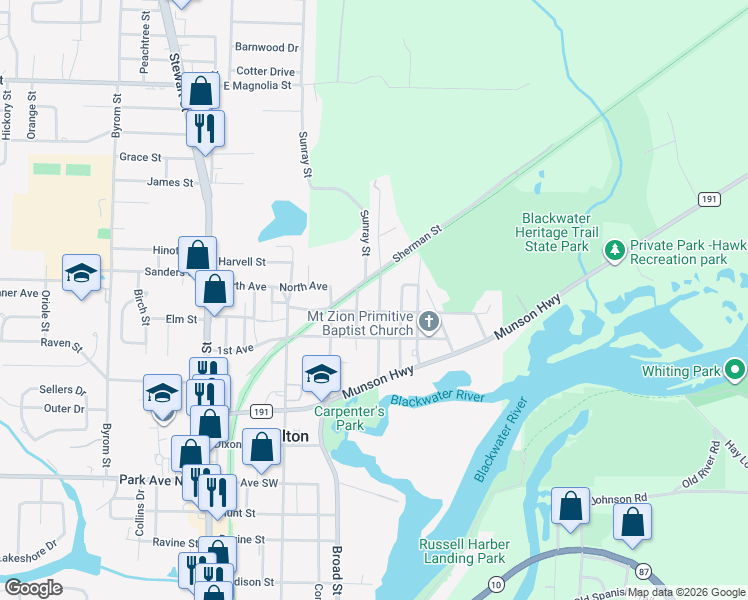 map of restaurants, bars, coffee shops, grocery stores, and more near 5585 Econfina Street in Milton