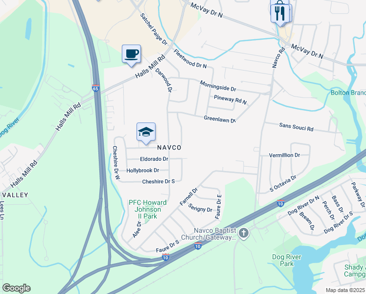 map of restaurants, bars, coffee shops, grocery stores, and more near 1625 Greenbrier Drive East in Mobile