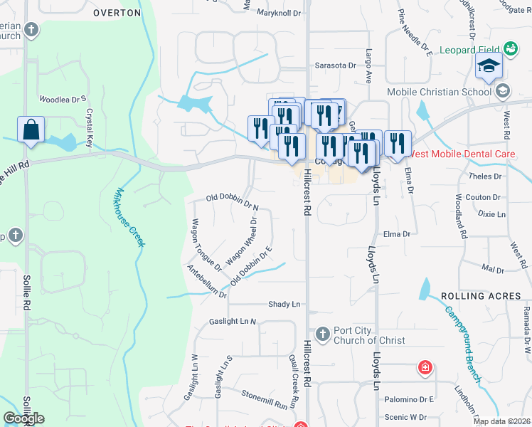 map of restaurants, bars, coffee shops, grocery stores, and more near 2551 Old Dobbin Drive North in Mobile