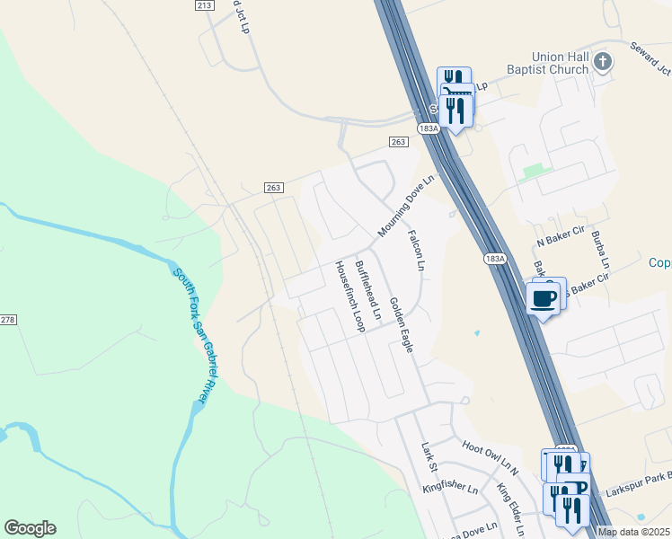 map of restaurants, bars, coffee shops, grocery stores, and more near 104 Housefinch Loop in Leander