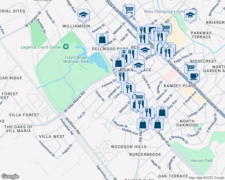 map of restaurants, bars, coffee shops, grocery stores, and more near 114 Ehlinger Drive in Bryan