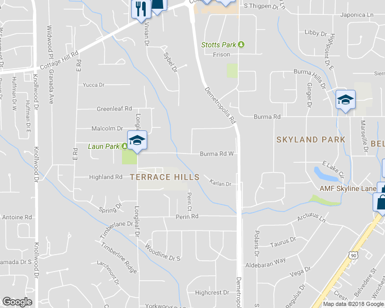 map of restaurants, bars, coffee shops, grocery stores, and more near 5043 Burma Road West in Mobile