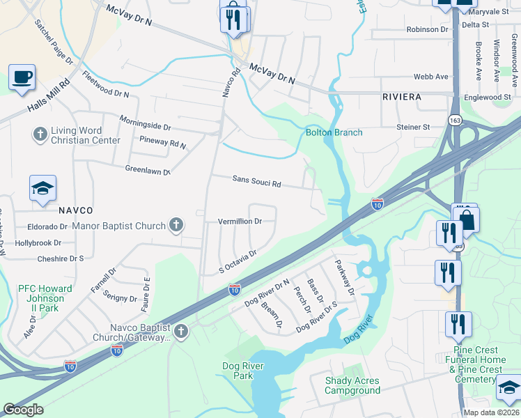 map of restaurants, bars, coffee shops, grocery stores, and more near 2357 North Octavia Drive in Mobile