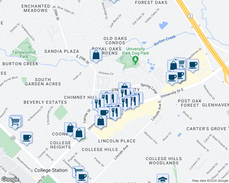 map of restaurants, bars, coffee shops, grocery stores, and more near 906 Spring Loop in College Station