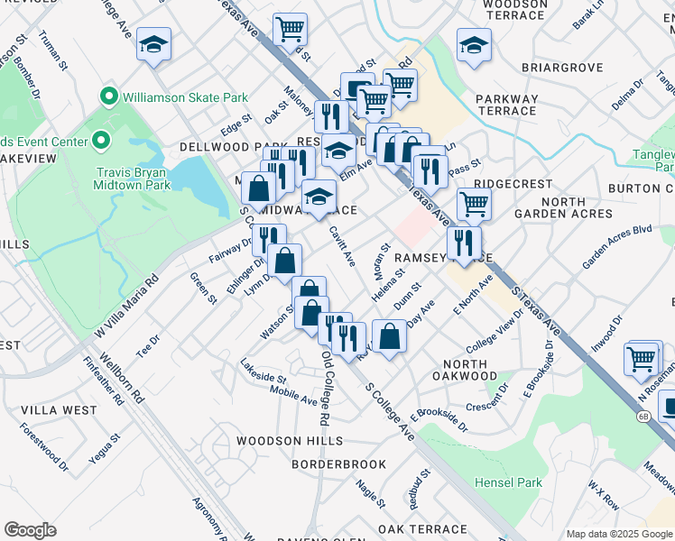 map of restaurants, bars, coffee shops, grocery stores, and more near 3405 Sandra Drive in Bryan