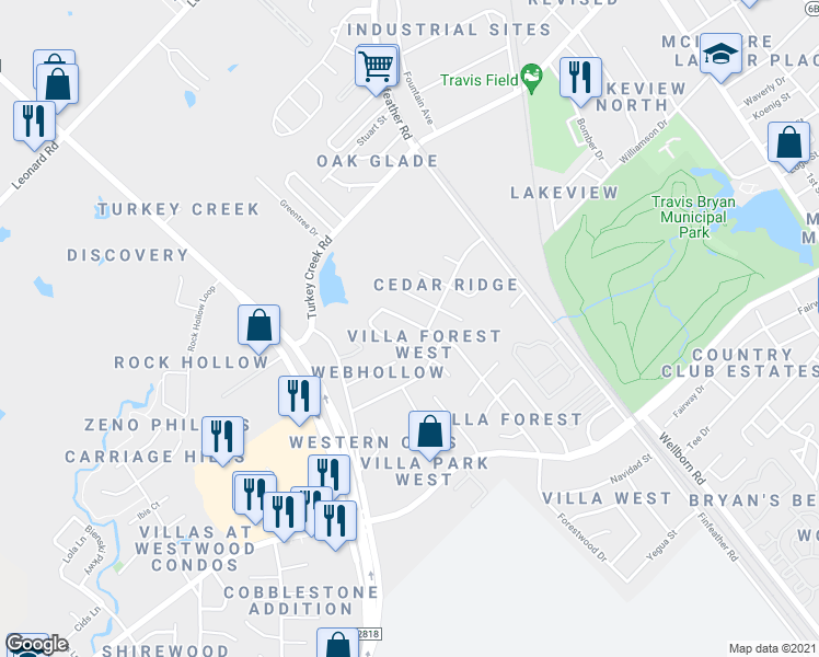 map of restaurants, bars, coffee shops, grocery stores, and more near 2816 Forestwood Drive in Bryan