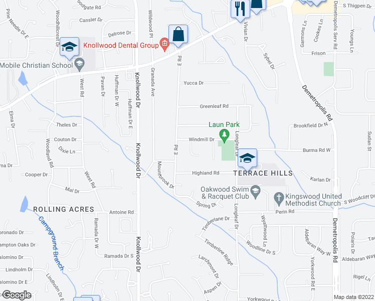 map of restaurants, bars, coffee shops, grocery stores, and more near 2562 Windmill Court in Mobile