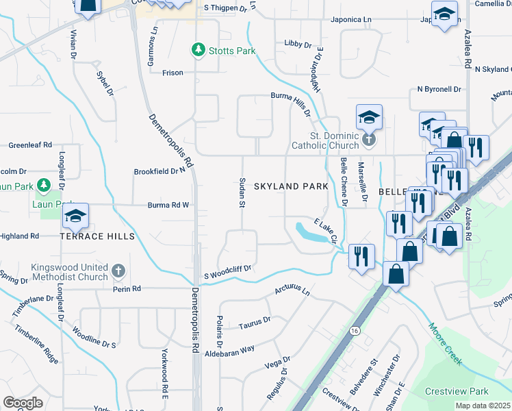 map of restaurants, bars, coffee shops, grocery stores, and more near 1235 Sudan Street in Mobile