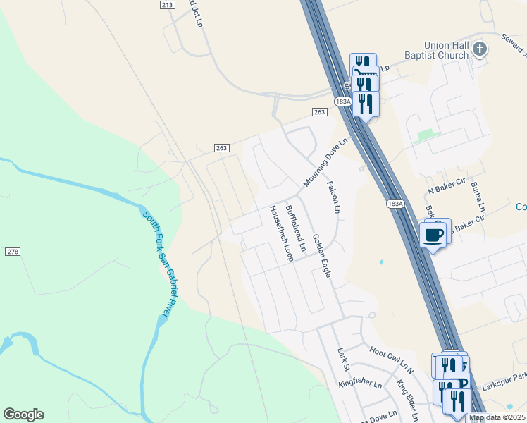 map of restaurants, bars, coffee shops, grocery stores, and more near 104 Housefinch Loop in Leander