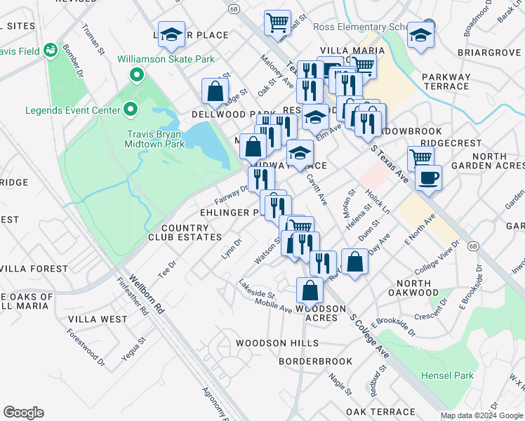 map of restaurants, bars, coffee shops, grocery stores, and more near 100 Lynn Drive in Bryan