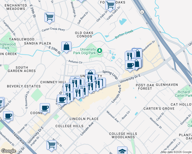 map of restaurants, bars, coffee shops, grocery stores, and more near 1105 Spring Loop in College Station