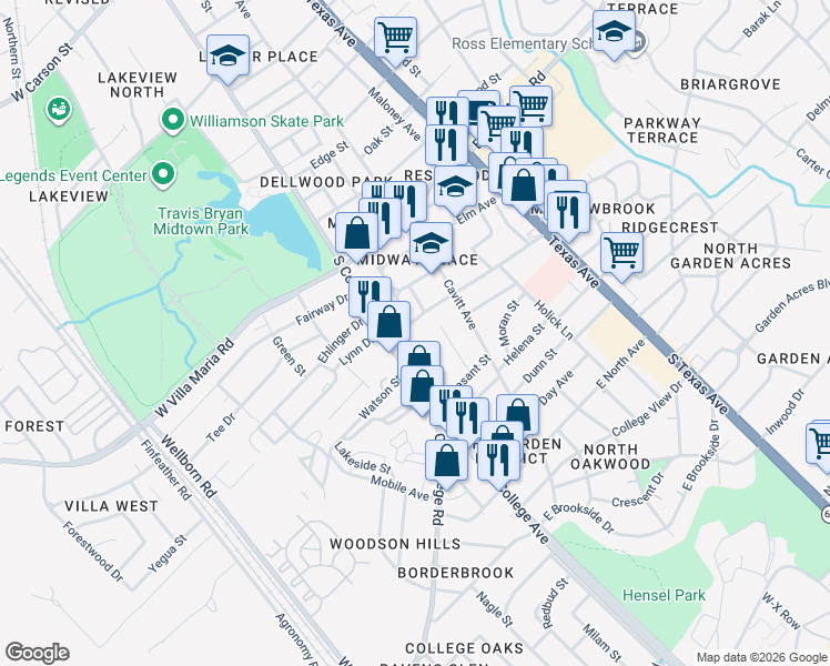 map of restaurants, bars, coffee shops, grocery stores, and more near 109 Sulphur Springs Road in Bryan