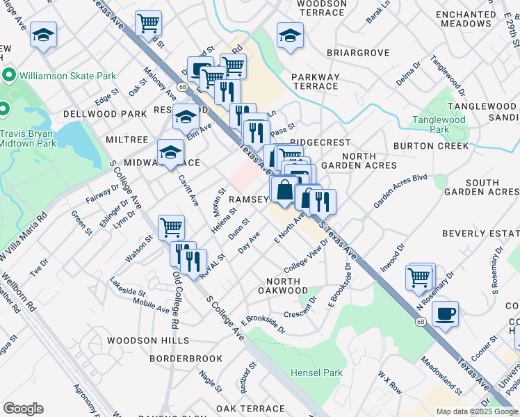 map of restaurants, bars, coffee shops, grocery stores, and more near 400 Dunn Street in Bryan