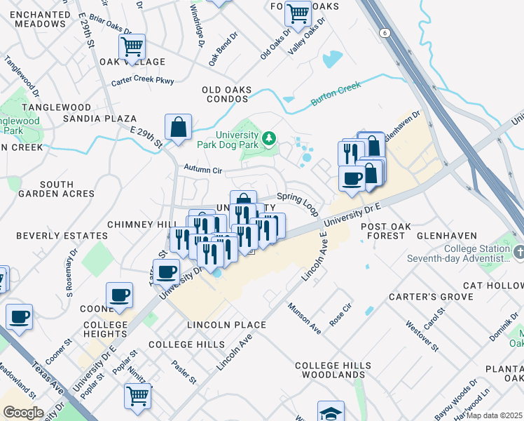 map of restaurants, bars, coffee shops, grocery stores, and more near 1000 Spring Loop in College Station