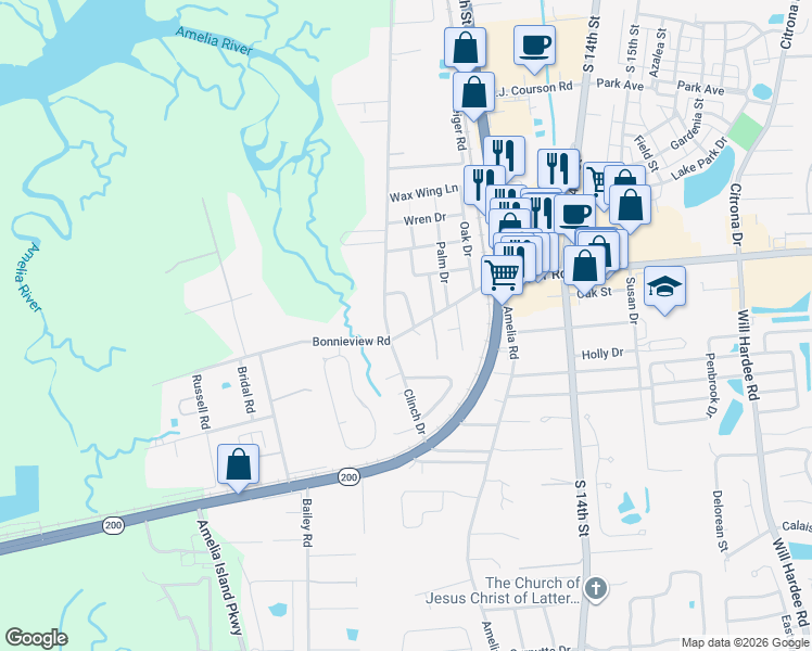 map of restaurants, bars, coffee shops, grocery stores, and more near 713 Bonnieview Road in Fernandina Beach