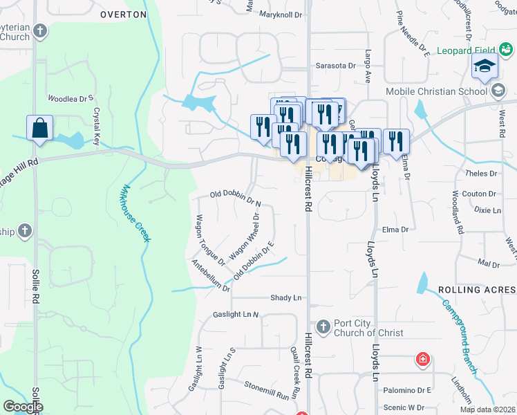 map of restaurants, bars, coffee shops, grocery stores, and more near 2551 Old Dobbin Drive North in Mobile