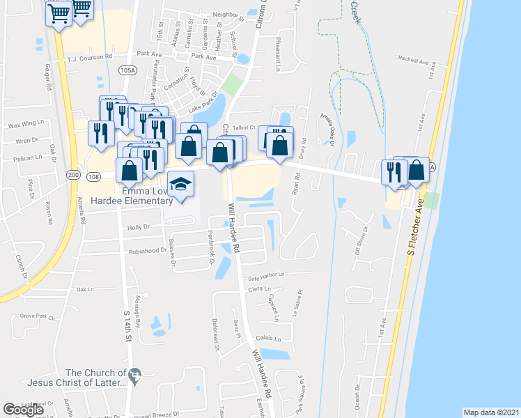 map of restaurants, bars, coffee shops, grocery stores, and more near 2159 Captain Kidd Drive in Fernandina Beach