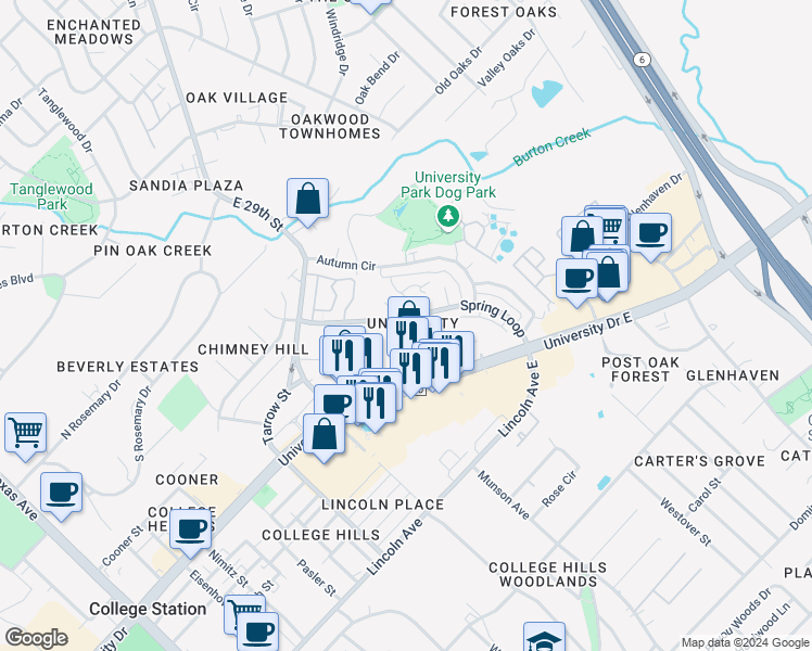 map of restaurants, bars, coffee shops, grocery stores, and more near in College Station