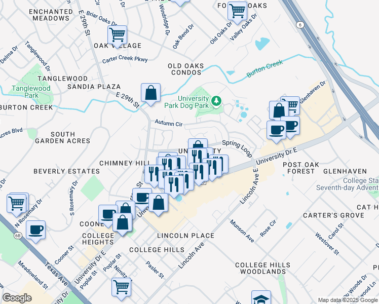map of restaurants, bars, coffee shops, grocery stores, and more near 906 Spring Loop in College Station