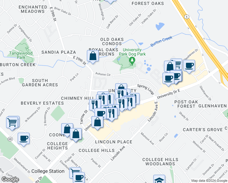 map of restaurants, bars, coffee shops, grocery stores, and more near 906 Spring Loop in College Station