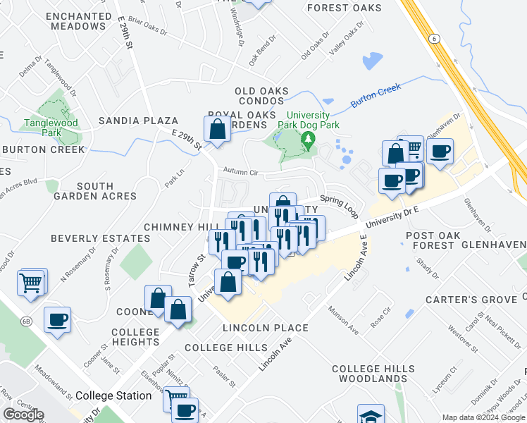 map of restaurants, bars, coffee shops, grocery stores, and more near 906 Spring Loop in College Station