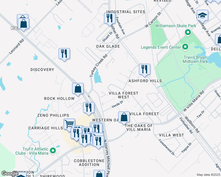 map of restaurants, bars, coffee shops, grocery stores, and more near 2814 Forest Bend Drive in Bryan