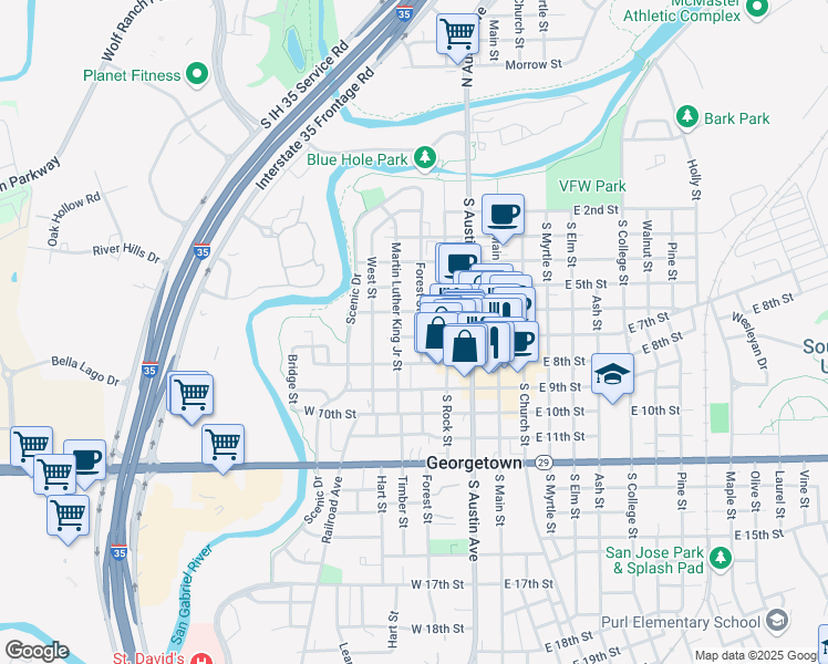 map of restaurants, bars, coffee shops, grocery stores, and more near 403 West 7th Street in Georgetown
