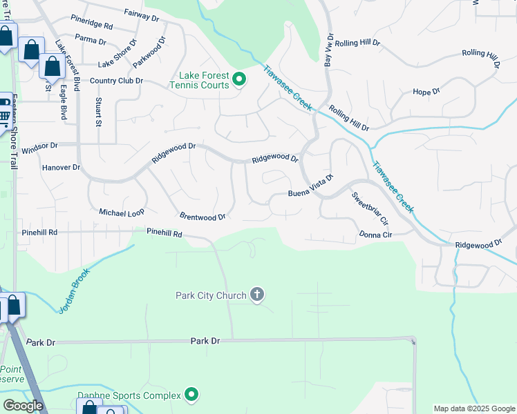 map of restaurants, bars, coffee shops, grocery stores, and more near 120 Buena Vista Drive in Daphne
