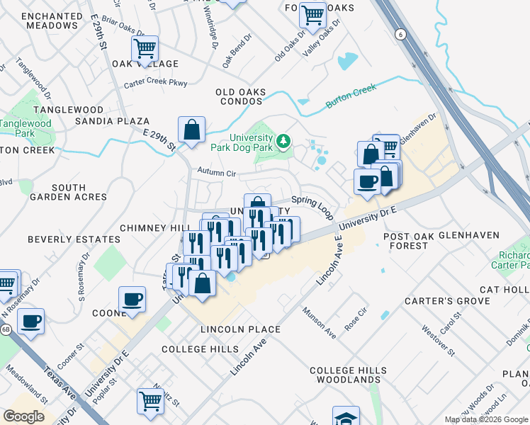 map of restaurants, bars, coffee shops, grocery stores, and more near in College Station