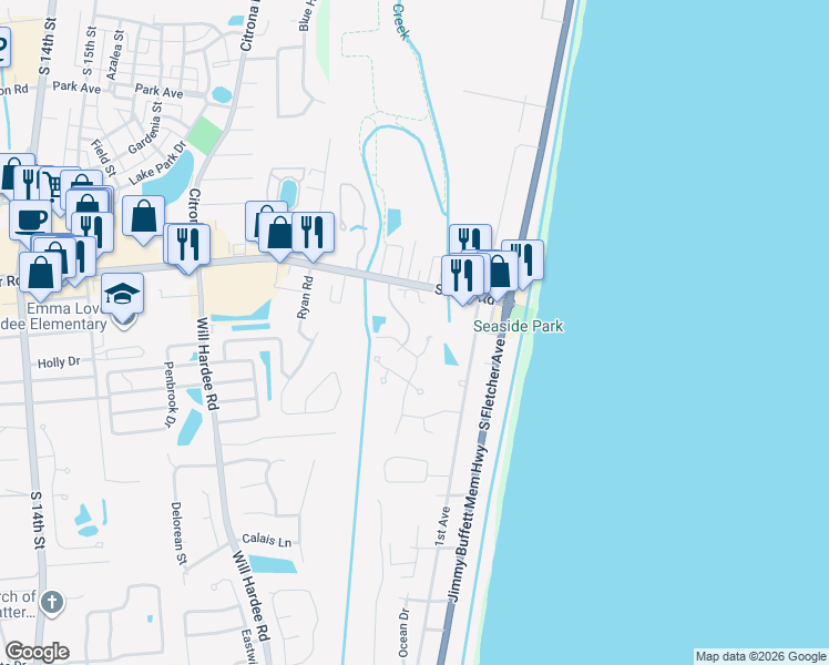 map of restaurants, bars, coffee shops, grocery stores, and more near 2122 Off Shore Drive in Fernandina Beach