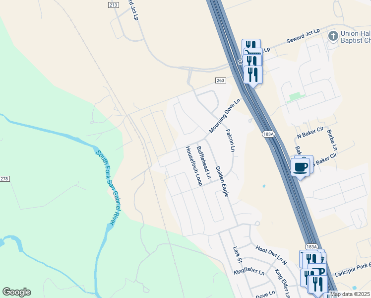 map of restaurants, bars, coffee shops, grocery stores, and more near 100 Housefinch Loop in Leander