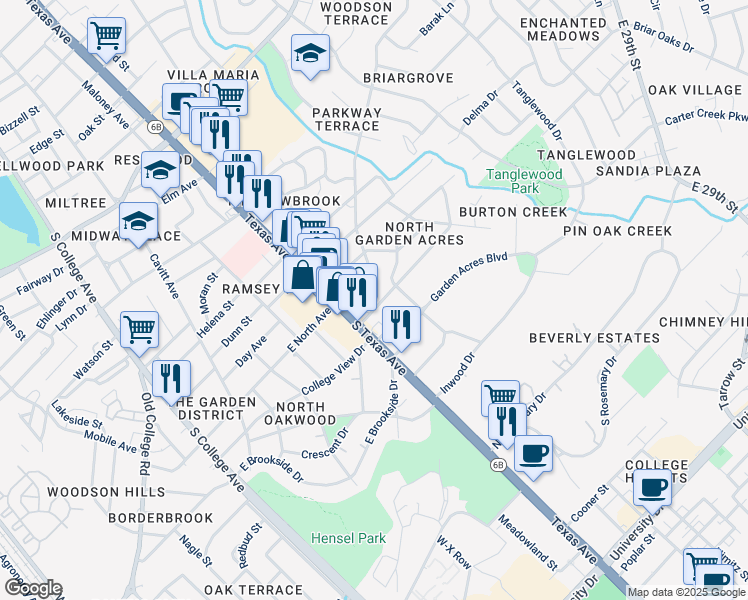 map of restaurants, bars, coffee shops, grocery stores, and more near 710 Enfield Street in Bryan