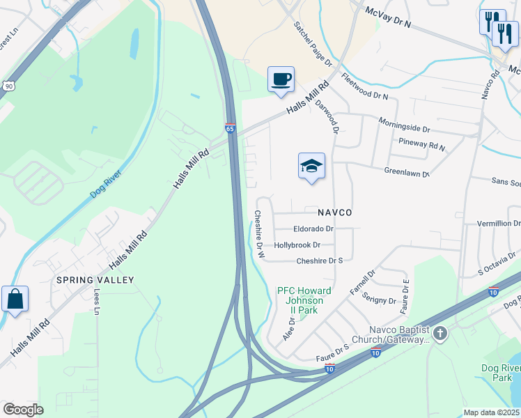 map of restaurants, bars, coffee shops, grocery stores, and more near 1611 Cheshire Drive West in Mobile