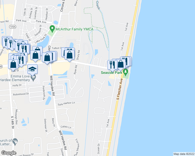 map of restaurants, bars, coffee shops, grocery stores, and more near 2122 Off Shore Drive in Fernandina Beach