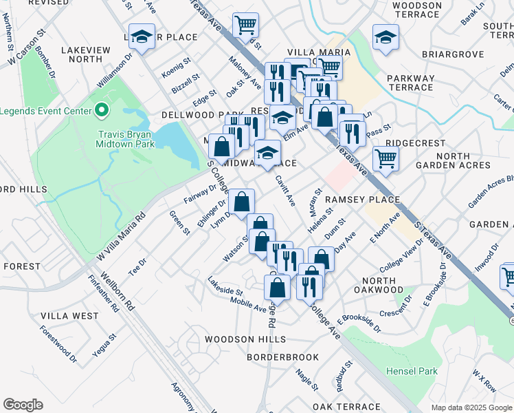 map of restaurants, bars, coffee shops, grocery stores, and more near 109 Sulphur Springs Road in Bryan