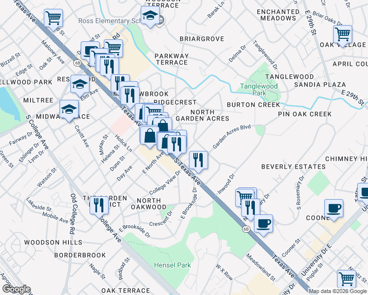 map of restaurants, bars, coffee shops, grocery stores, and more near 708 Enfield Street in Bryan