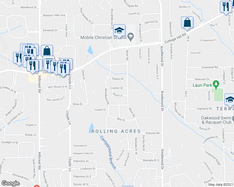 map of restaurants, bars, coffee shops, grocery stores, and more near 5920 Dixie Lane in Mobile