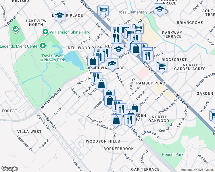 map of restaurants, bars, coffee shops, grocery stores, and more near 109 Sulphur Springs Road in Bryan