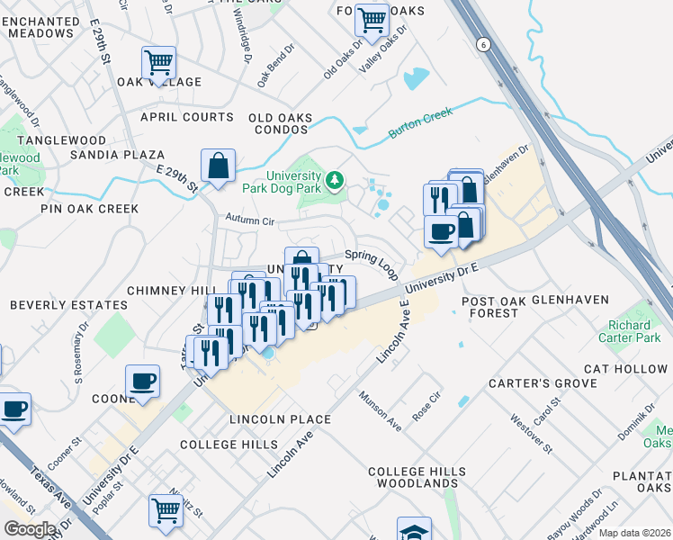 map of restaurants, bars, coffee shops, grocery stores, and more near 1105 Spring Loop in College Station