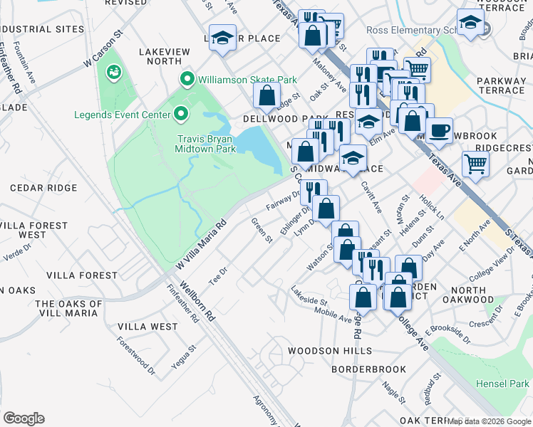 map of restaurants, bars, coffee shops, grocery stores, and more near 207 Fairway Drive in Bryan